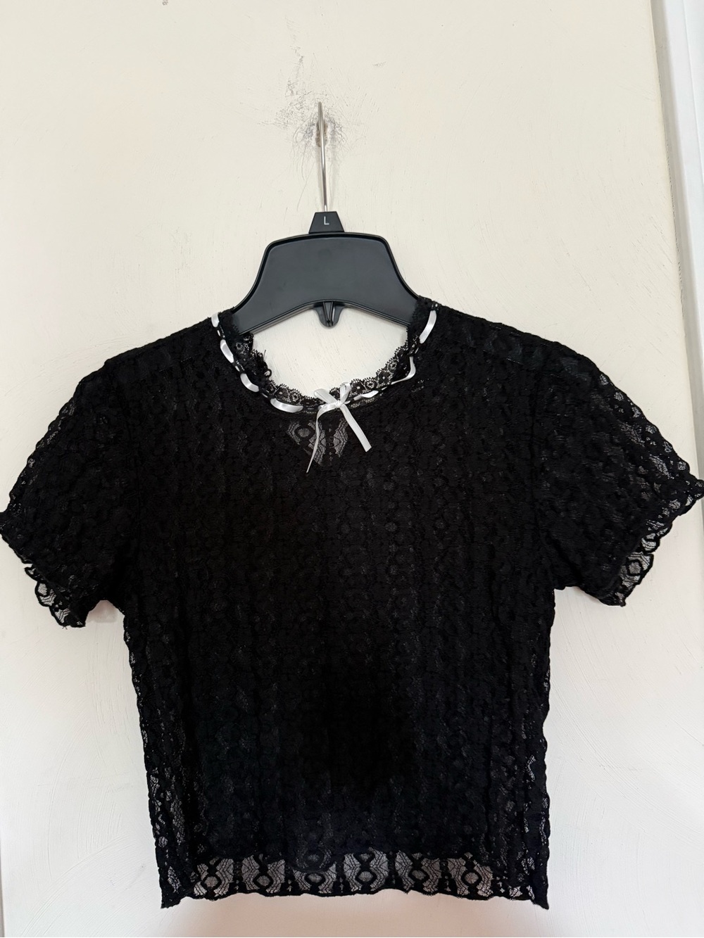 Forever 21 Black Lace Crop Top with Ribbon Accent